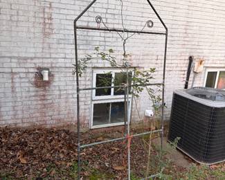 Metal garden arbor trellis, vintage window frame, yard decor