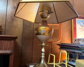 Vintage brass table lamp with decorative shade