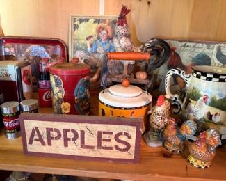 Vintage Coca-Cola collectibles, rooster figurines, APPLES sign, cookie jar