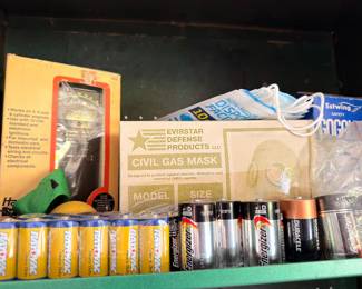 Evirstar civil gas mask, Estwing tools, batteries, safety equipment