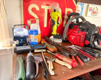 Craftsman chainsaw, Ryobi power tools, hand tools, vintage stop sign