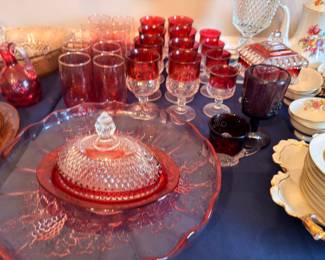 Cranberry ruby red glass collection, butter dish, goblets, stemware