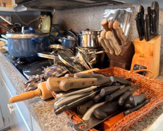 Knife block set, pots, pans, kitchen cookware collection