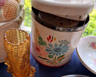 Vintage floral ice bucket, amber depression glass, pineapple figurine