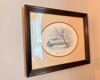Framed oval winter landscape watercolor print