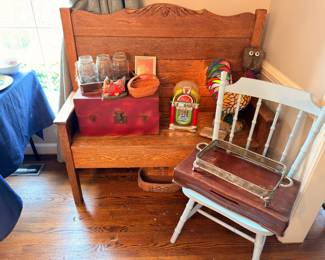 Antique oak hall bench, vintage tins, painted child's chair