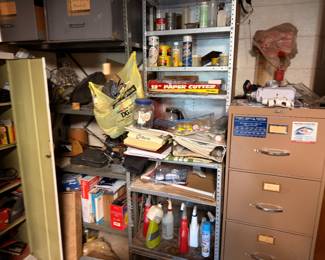 Garage workshop shelving, paper cutter, filing cabinet, tools