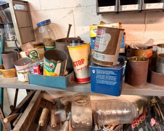 Vintage tin cans, paint supplies, glass jars, garage hardware