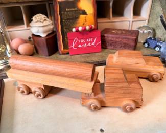 Handmade wooden toy trucks and cars