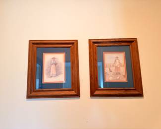 Pair of vintage framed prints, oak frames, double matted
