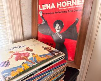 Framed Lena Horne concert poster, vinyl record collection