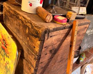 Primitive wooden crate, vintage TV tray, wooden mallet