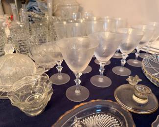 Vintage crystal stemware and pressed glass serving pieces