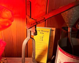 Vintage Kendall motor oil can, antique iron tool, drug receipt file