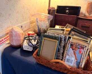 Picture frames, Himalayan salt lamp, office supplies