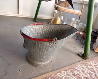 Vintage galvanized coal bucket, red trim, farmhouse decor
