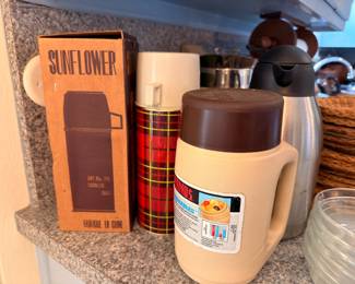 Vintage plaid thermos bottles, Sunflower brand, kitchen collectibles