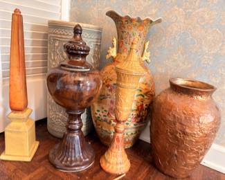 Decorative pottery and vase collection, copper hammered vase, wooden finial