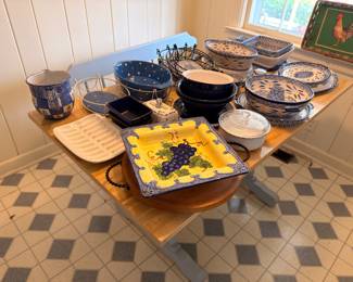 Blue and white pottery collection, plates, bowls, serving dishes