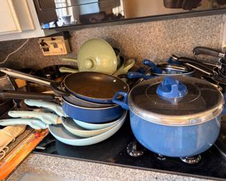 Blue enamel cookware set, pots and pans with lids