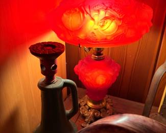 Antique cranberry glass hurricane lamp