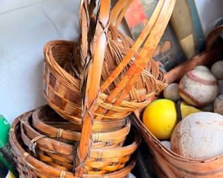 Wicker basket collection, baseball memorabilia