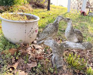 Concrete garden bird statues, ceramic planter