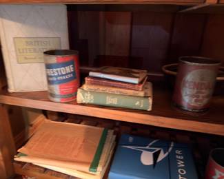 Vintage Firestone tin, antique books, collectibles