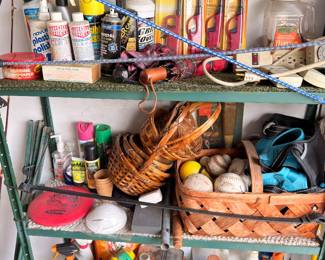 Garage shelving, cleaning supplies, baskets, household items