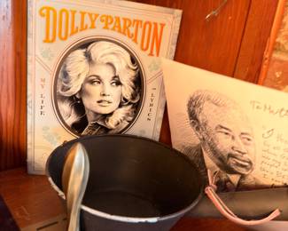 Dolly Parton vinyl record, cast iron pot, vintage collectibles