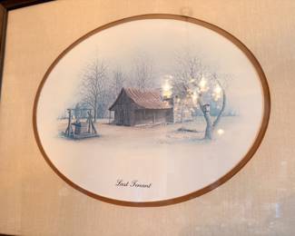 Framed oval winter cabin print "Last Tenant", matching set