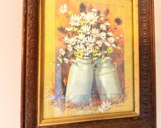 Oil painting of daisies in crock, ornate carved wood frame