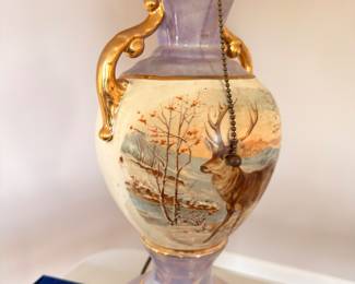 Vintage hand-painted porcelain table lamp, landscape scene, gold accents