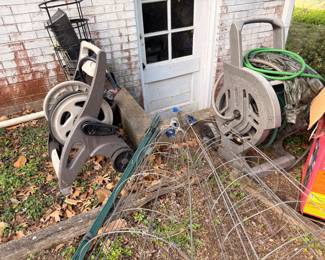Garden hose reel, vintage window frame, outdoor yard items