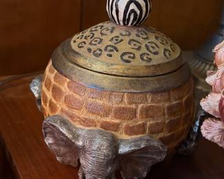 Carved elephant decorative lidded jar, African art