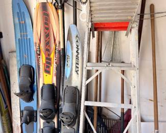Water skis, aluminum ladder, garage storage