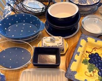 Blue and white polka dot pottery, plates, bowls, butter dish