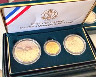 US Mint Columbus Quincentenary gold and silver 3-coin proof set