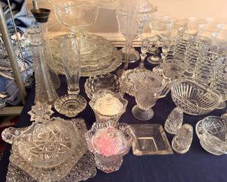 Crystal cake stands, candy dishes, pressed glass vases