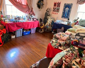 Christmas decorations, holiday collectibles, vintage ornaments, blankets