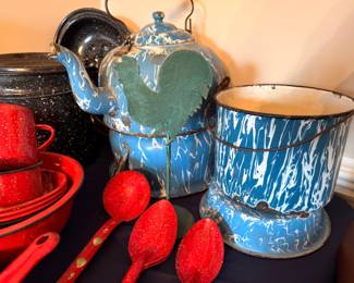 Antique blue swirl enamelware bucket and teapot