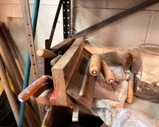 Bench vise, hammers, hand tools, workshop equipment