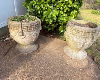 Pair of concrete Greek key garden urn planters