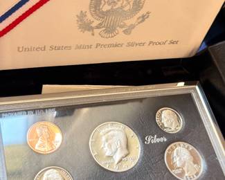 US Mint Premier silver proof set, open display with silver coins