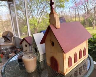 Handmade wooden church birdhouse with steeple