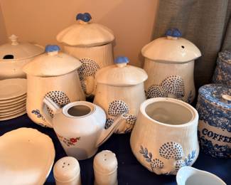 Stoneware canister set with blue sponge design