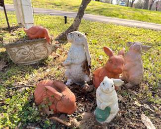 Garden animal statues collection, rabbits, cats, outdoor decor