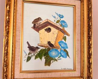 Signed oil painting, birdhouse with morning glories, ornate gold frame