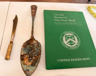 Lincoln Memorial penny collection book, US Mint bag, antique tools
