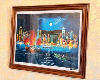 Framed oil painting, nighttime city harbor scene, wood frame